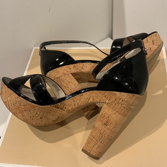 Michael Kors Evelyn Black Platform Wedge Sandal Heel Buckle Strap Cork Silver HW - Picture 1 of 12
